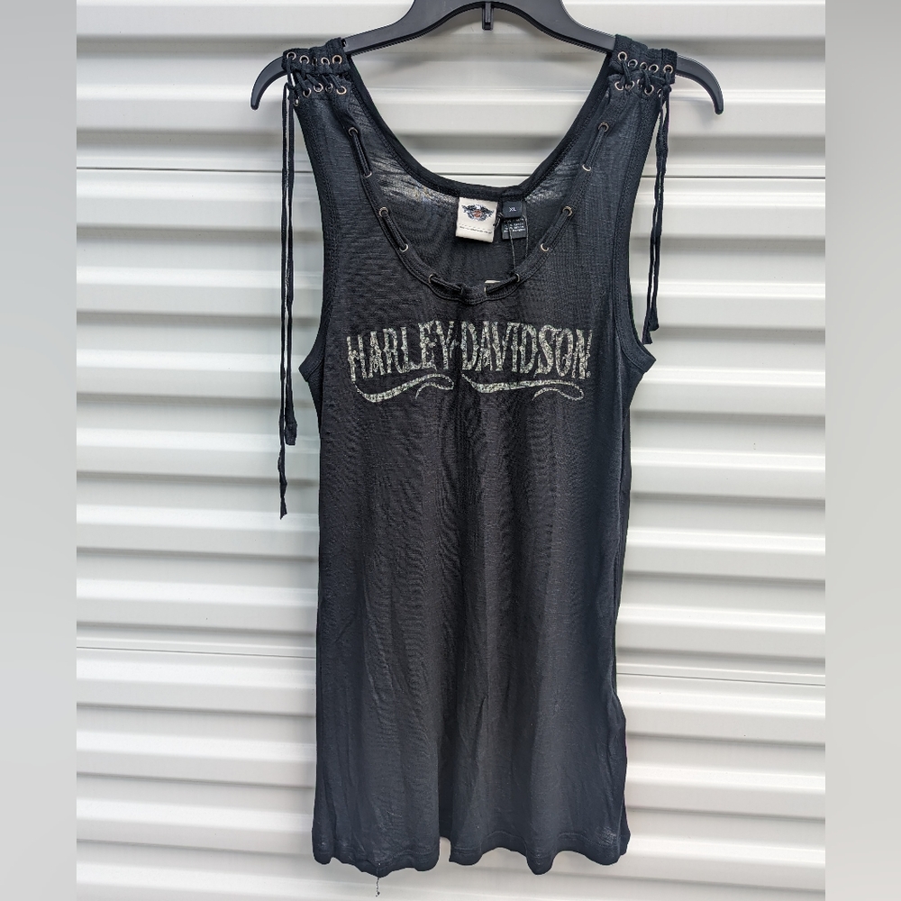 NWT Harley Davidson black lace up tank top with rhinestones.